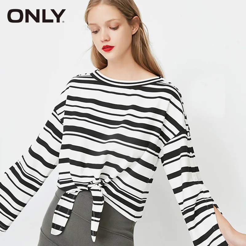 

ONLY Women's 2019 Spring & Summer Long-sleeved Stripe Lace-up Loose Fit T-shirt |118130502