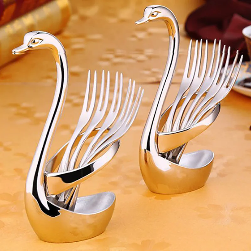 Swan Stainless Steel Fruit Food Fork Spoon Knife Base Holder Creative Gift Tableware Base Holder Spoon Rest Kitchen Tools (6)