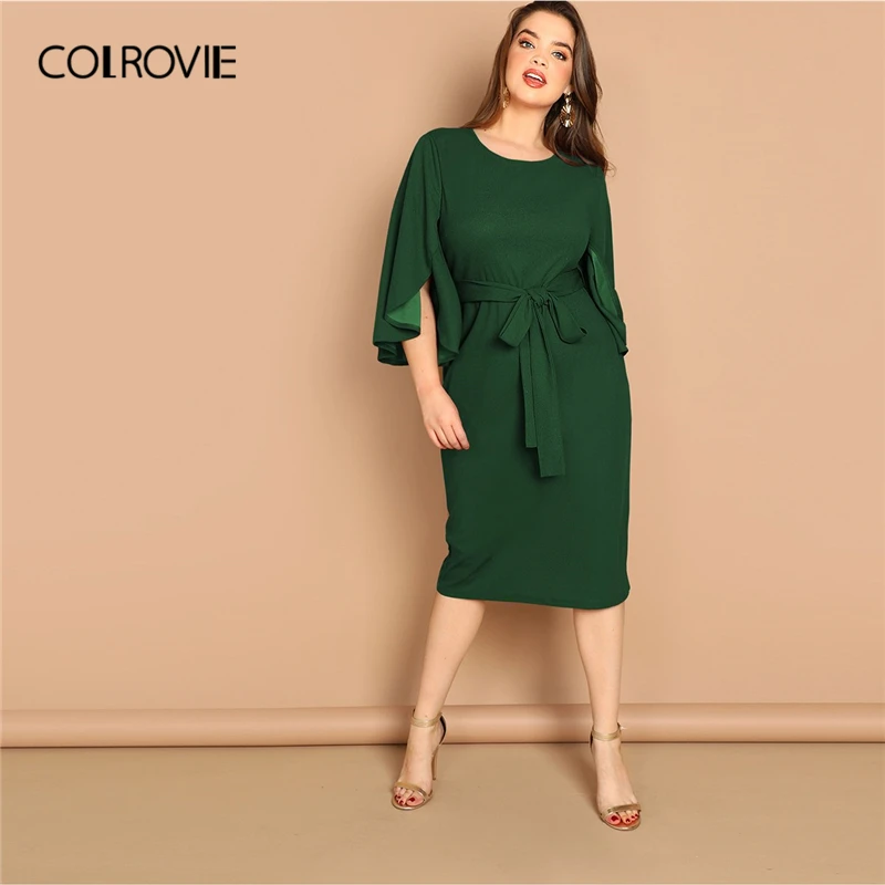 Meilleur COLROVIE grande taille vert solide Split Bell manches robe crayon avec ceinture femmes vêtements 2019 été coréen élégant robes du Midi