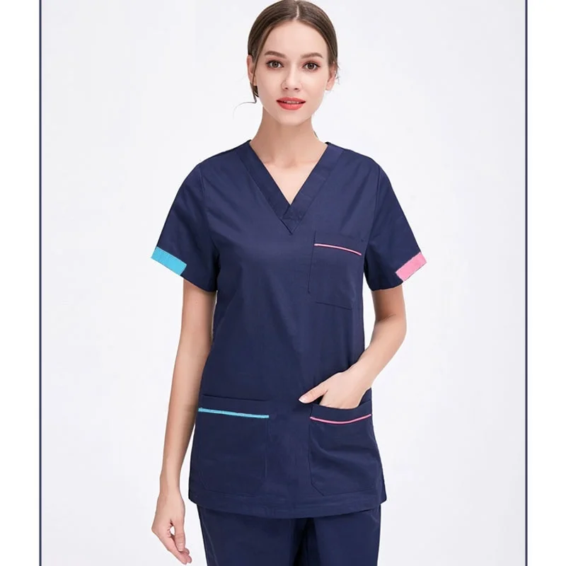 

Women's Fashion Medical Uniforms Color Blocking V Neck Scrub Top with Side Vent Pure Cotton Surgery Scrubs( Just A Shirt)