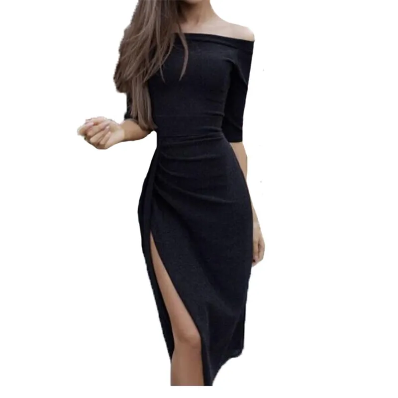 S-2XL Slash шеи Vestido Женские вечерние туфли модные женские туфли с открытыми плечами Разделение плиссированные платья 3/4 рукав Блестки для ночного клуба, Открытое платье без рукавов