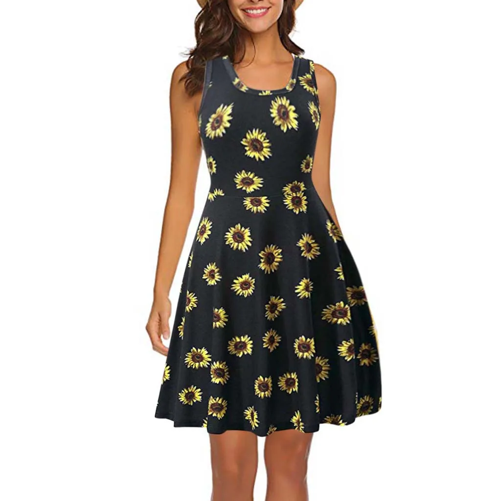 

Women Sleeveless Printing Summer Beach A Line Casual Dress Floral Dress