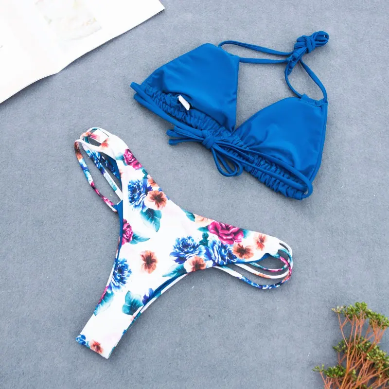 Halter Adjust Bandage Bikini Set Floral Print Plain Swimwear Bicolor Shoulder Bathing Suit Strap Side String Brazilian Cut