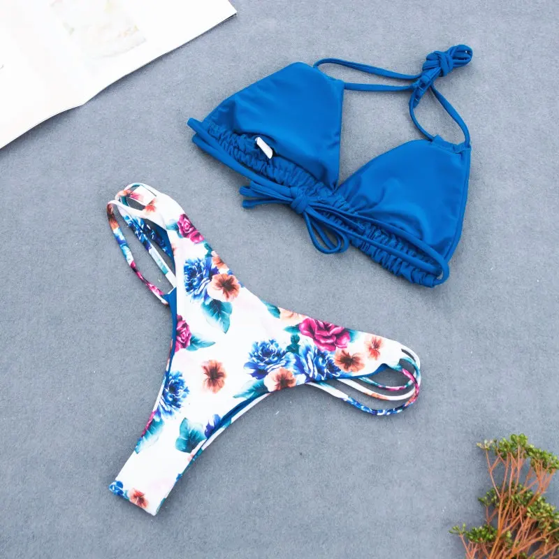Halter Adjust Bandage Bikini Set Floral Print Plain Swimwear Bicolor Shoulder Bathing Suit Strap Side String Brazilian Cut Halter Adjust Bandage Bikini Set Floral Print Plain Swimwear Bicolor Shoulder Bathing Suit Strap Side String Brazilian Cut