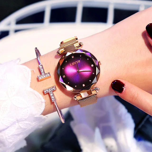 Модные женские роскошные часы из розового золота, женские наручные часы звездного неба с магнитной сеткой, водонепроницаемые часы zegarek damski, подарок xfcs - Цвет: Purple
