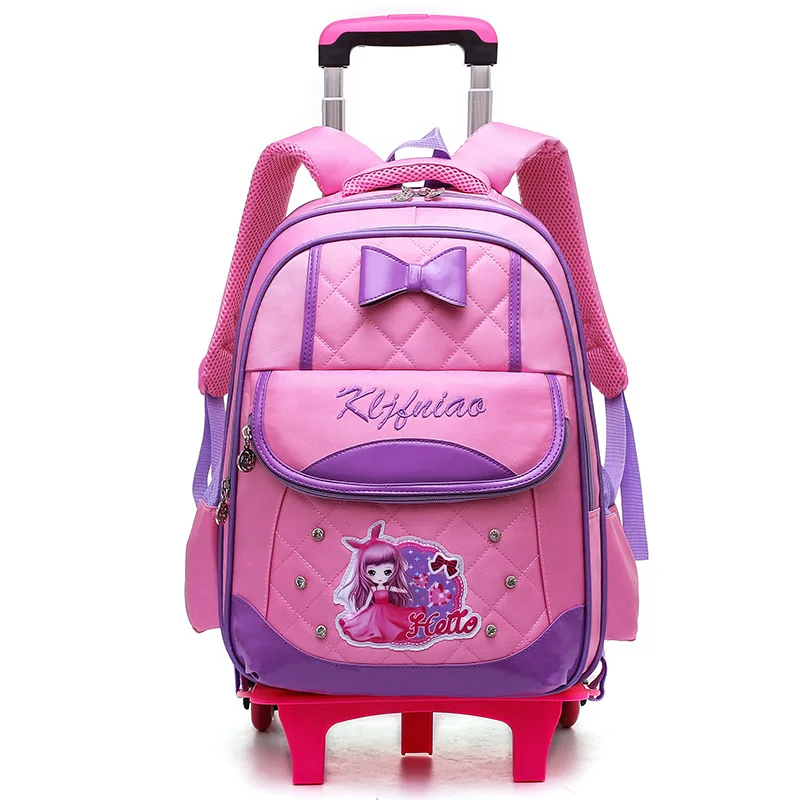 Children Removable School Bags Child Wheels Trolley Backpack Kids Wheeled Bookbag two wheels rose red