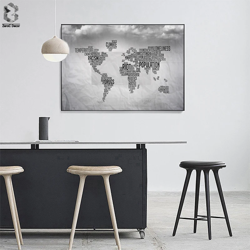 

Modern Art Black and White World Map Letter Canvas Painting Wall Art Posters and Prints Wall Picture Home Office Decor