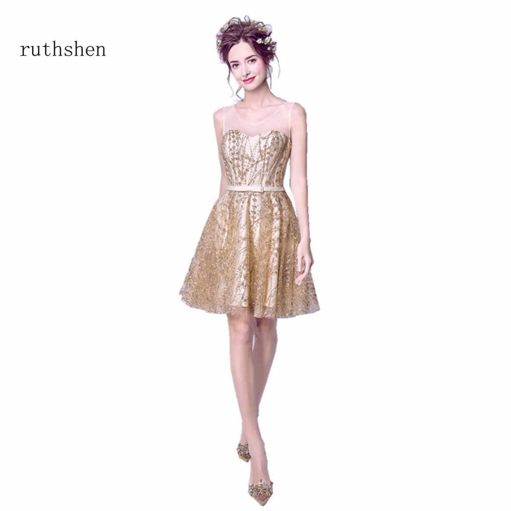 Ruthshen розовый Vestido коктейльное платье партии короткое вечернее платье возвращения домой дешево Блёстки Лук Sash Короткие Платья для