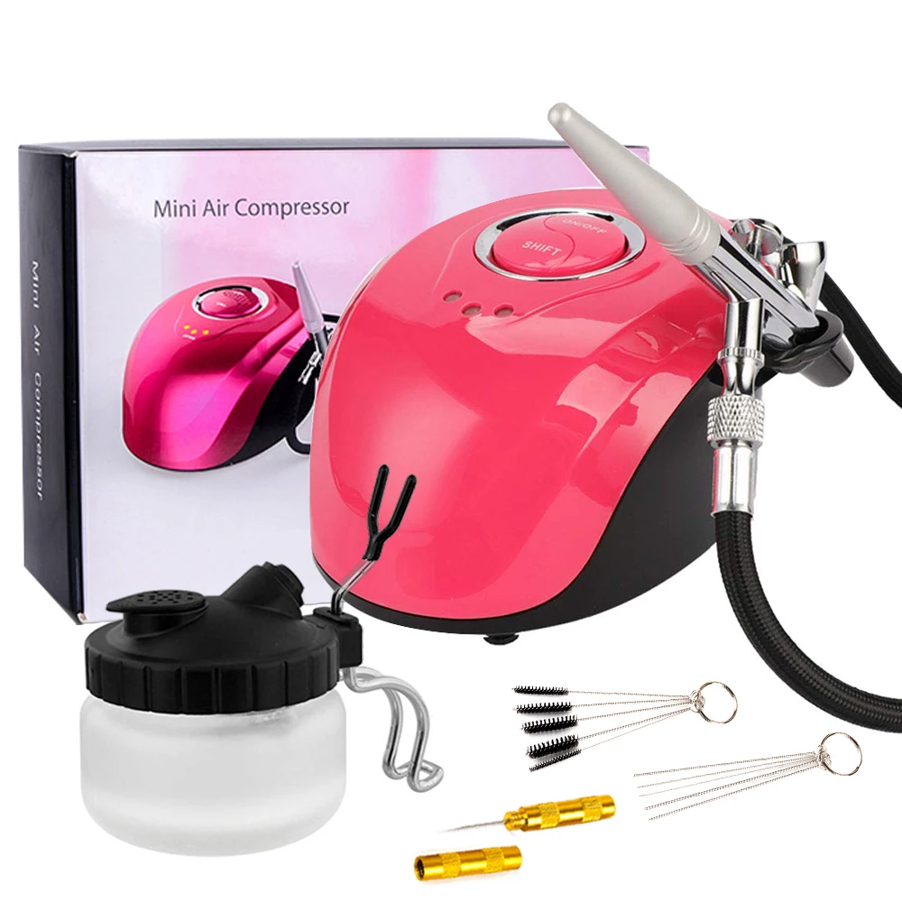 

3 Modes Dual-Action Airbrush Set with Mini Compressor 0.2mm Needle 2CC/7CC Cup Cleaning Kit for Makeup Nail Craft Cake