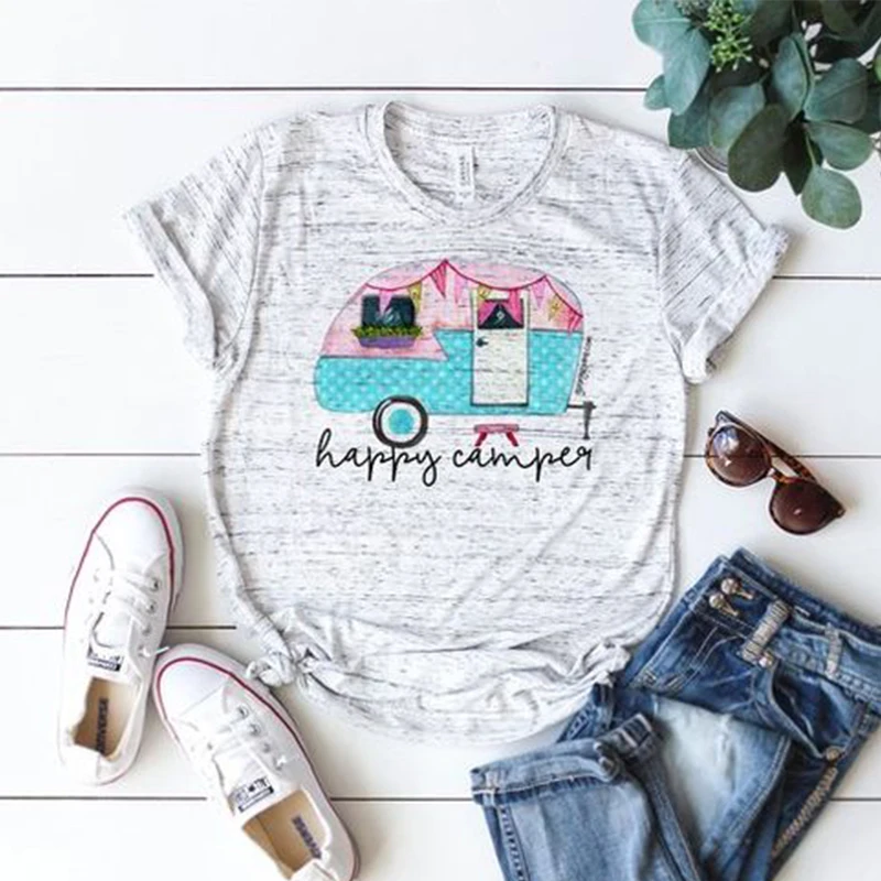 

New Women T-shirt Hot Fashion Summer Female Tee Top Letter Happy Camper Womens Tshirts Festivals Classics Comfort Tops