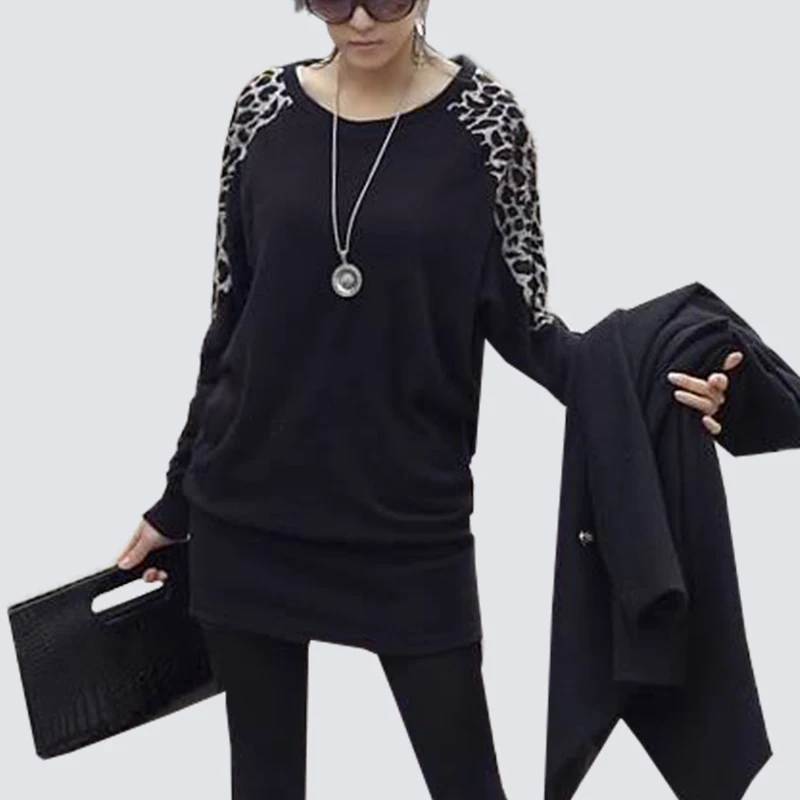 

Women Casual Long Sleeve Leopard Patchwork Basic T-Shirt Spring Autumn Trendy Black Tees Tops H222