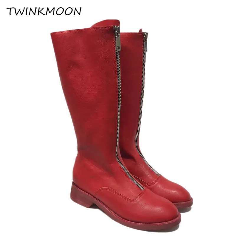 

Zip Knee High Boots For Women 2019 Autumn Shoes New Roud Toe Black White Red Punk Sexy Motorcycle Boots
