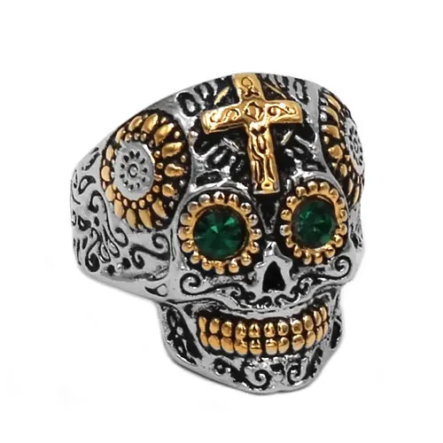 

Wholesale Kapala Skull Biker Ring Stainless Steel Hiphop rock Jewelry Green Eyes Gold Cross Skull Motor Biker Men Ring SWR0682A