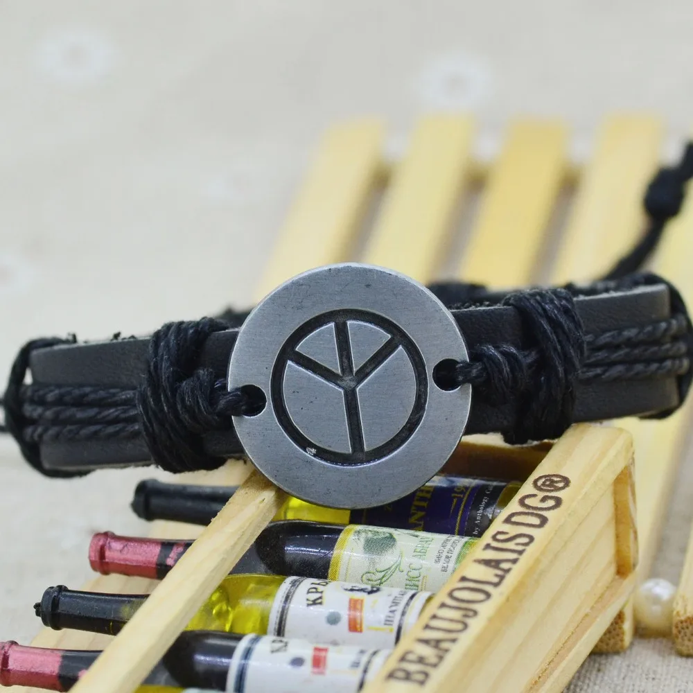 wholesale 6PCS retro peace sign alloy metal leather bracelet CL1029 free shipping | Украшения и аксессуары