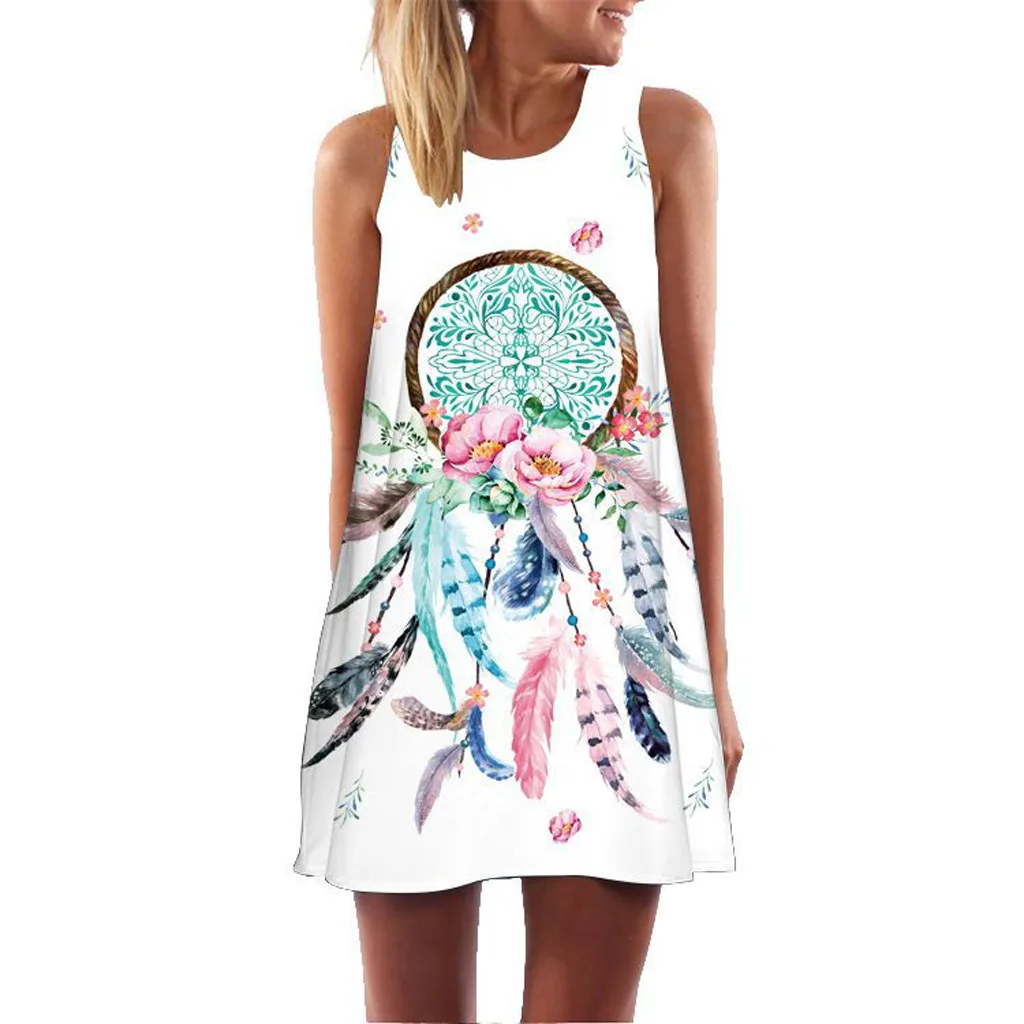

Women's dress 2019 ladies casual O-neck complex loose ancient Bohemian sleeveless beach print short mini dress vestido mujer