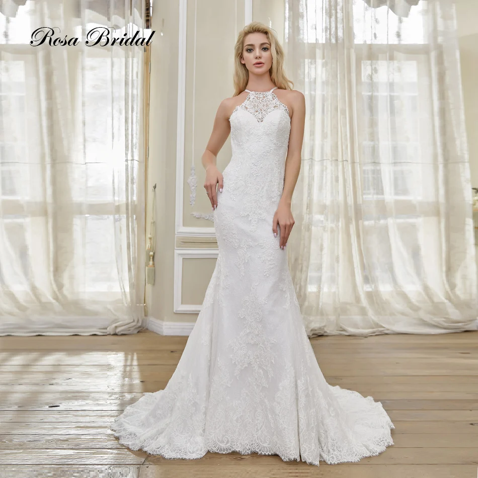 

Rosabridal Mermaid Wedding Dress Elegant halter top sleeveless See Through lace back Court Train Illusion Trumpet bridal gown