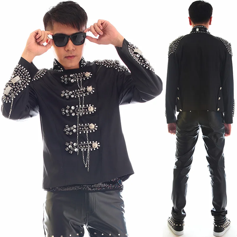 Plus Size Handmade Rhinestones Men's Black Slim Jacket Dance Stage Wear