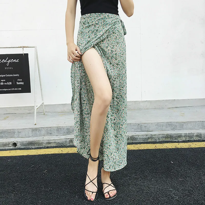 

Summer Style Casual Irregularwomen Beach Boho Maxi Skirt 2018 Green Floral Chiffon Printed Lotus Skirt Wrap Lace-up Skirts