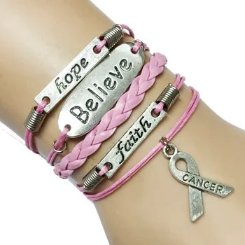 

20pcs 7 Colors Multilayer Leather Rope Handmade Pink Breast Cancer Ribbon Bracelet with Word Hope/Faith/Believe