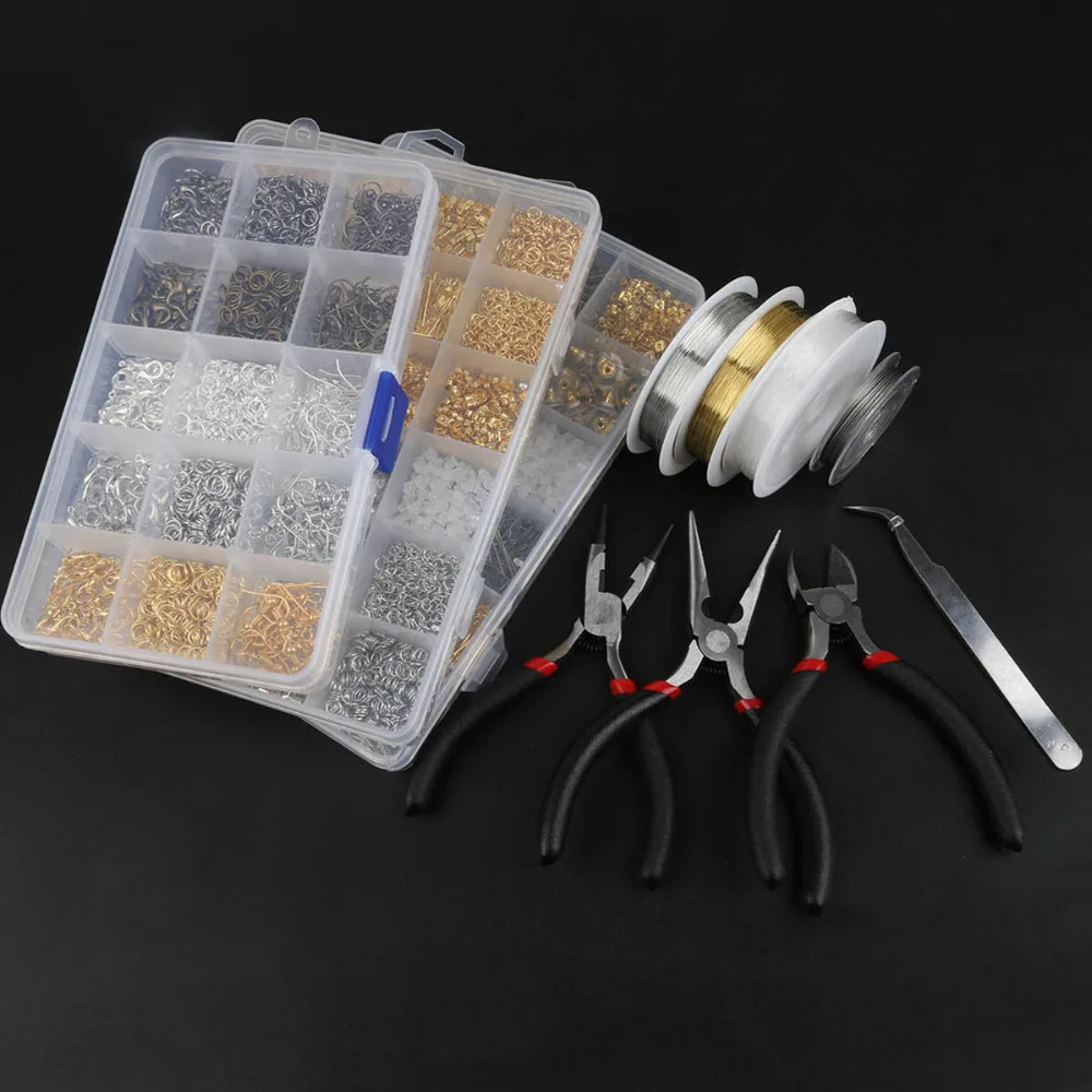 

1Set Crimp End Lobster Clasps Jump Rings Flower Caps Eye Pin Earring Hooks Beading Wire Pliers Tweezers Jewelry Making Tools set