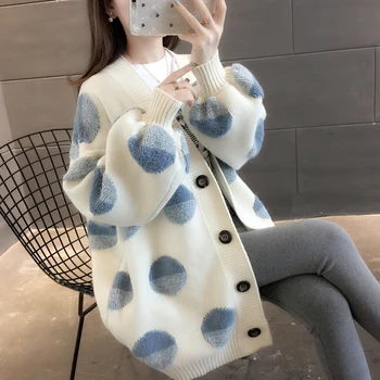 

2019 Women Autumn Winter Long sleeve Loose Cardigan Sweater Dot Print Mohair Plus Size Sweet Soft Knitted Sweater