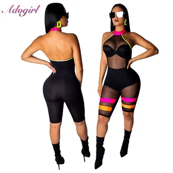 

Sexy Colorful Sheer Mesh Patchwork Halter Slim Jumpsuit Women Casual Backless Romper Party Club Playsuit Female Overalls Outfit