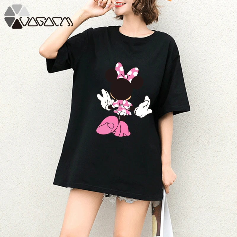 

2019 Summer Tshirt Mickey Mouse Clothes For Women Print Tops Tee Short Sleeve Black Casual Loose Cartoon Plus Size T Shirts New