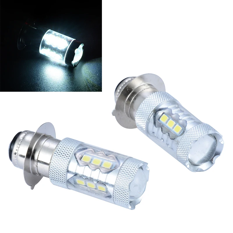 

2PCS/SET White H6M/P15D Motorcycle Headlight 16 SMD LED 80W Motorbike Fog Driving DRL Light Head Lamp Bulb Aluminum DC 12V