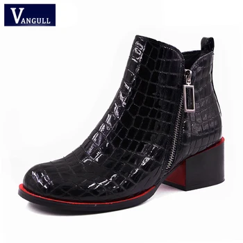 

Vangull Women Ankle Boots Fashion Shoes 2019 New Woman Genuine Leather black Boots Winter Warm Wool Snow Square heel Boots