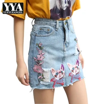 

2019 New High Waist Denim Skirts Womens Washed Blue Slim Fit Short Skirt Fashion Embroidery Flower Sweet Skirt S-2XL Ropa Mujer