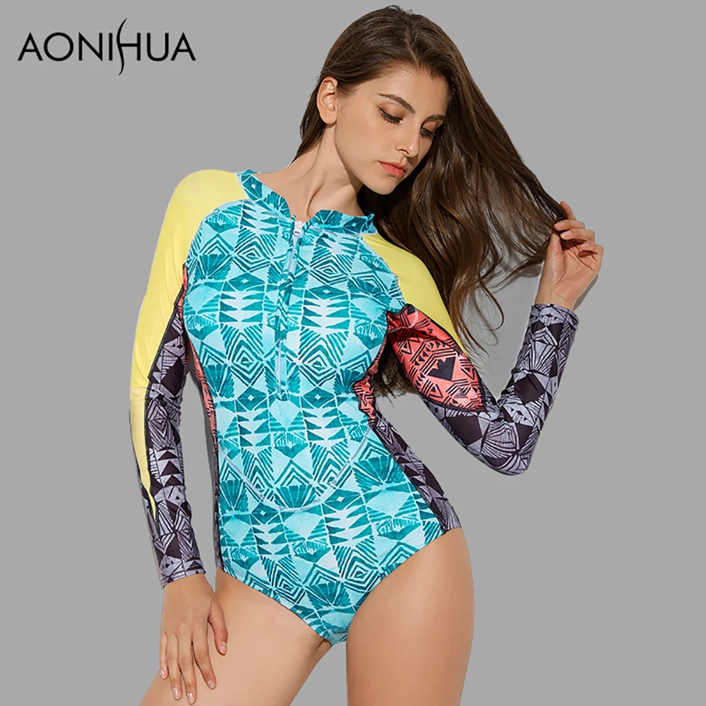 AONIHUA 2018 слитный купальник на молнии спереди женский с длинным рукавом и