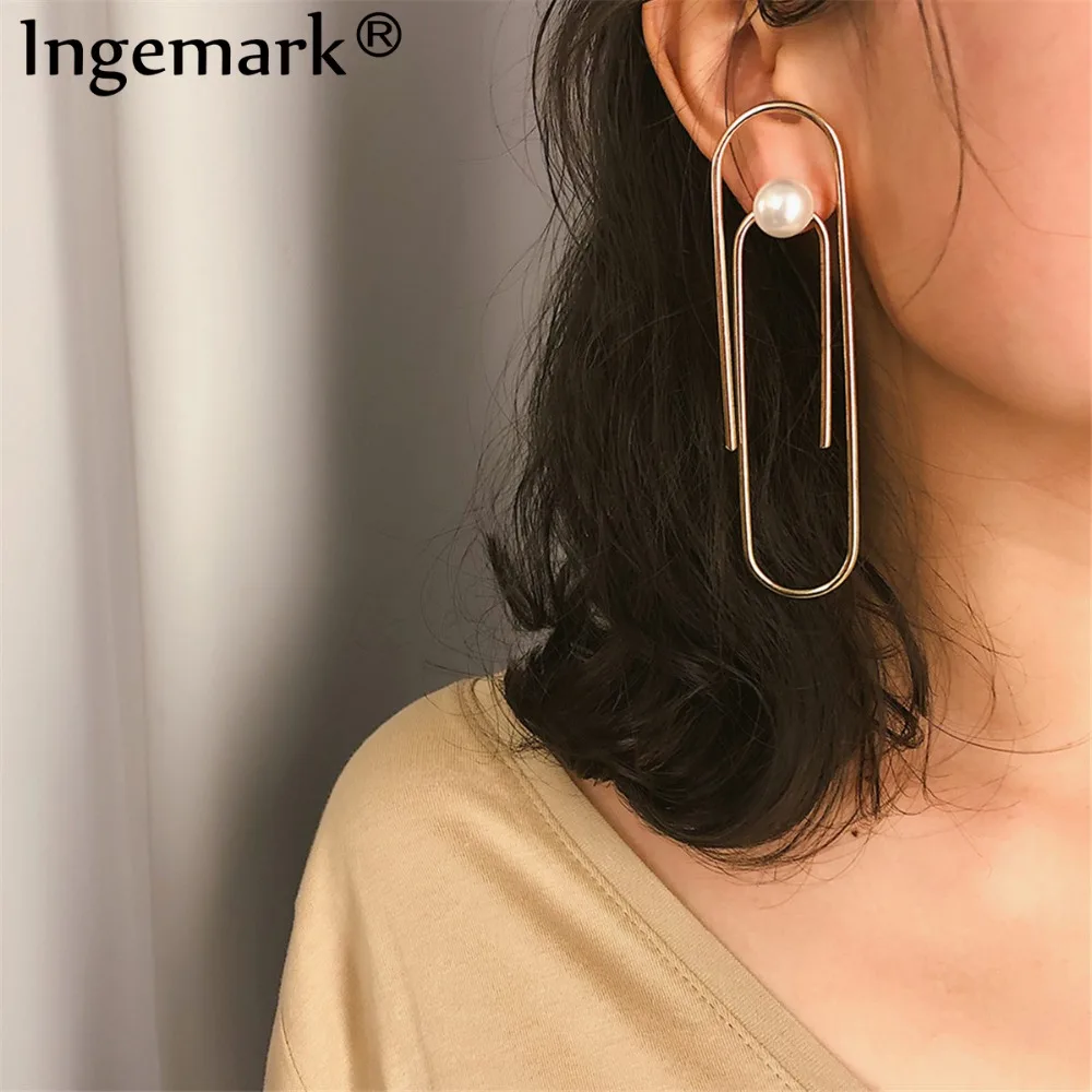 Ingemark, уникальный дизайн, Скрепка, серьги-гвоздики, неправильный искусственный жемчуг, безопасная булавка, Геометрическая цепочка, серьги для женщин, ювелирное изделие