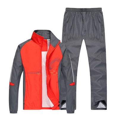 Мужские спортивные костюмы, набор спортивной одежды, стиль, полиэстер, ткань, для фитнеса, тренировочный костюм, на молнии, с карманом, наборы для бега, мужской спортивный костюм - Цвет: Оранжевый