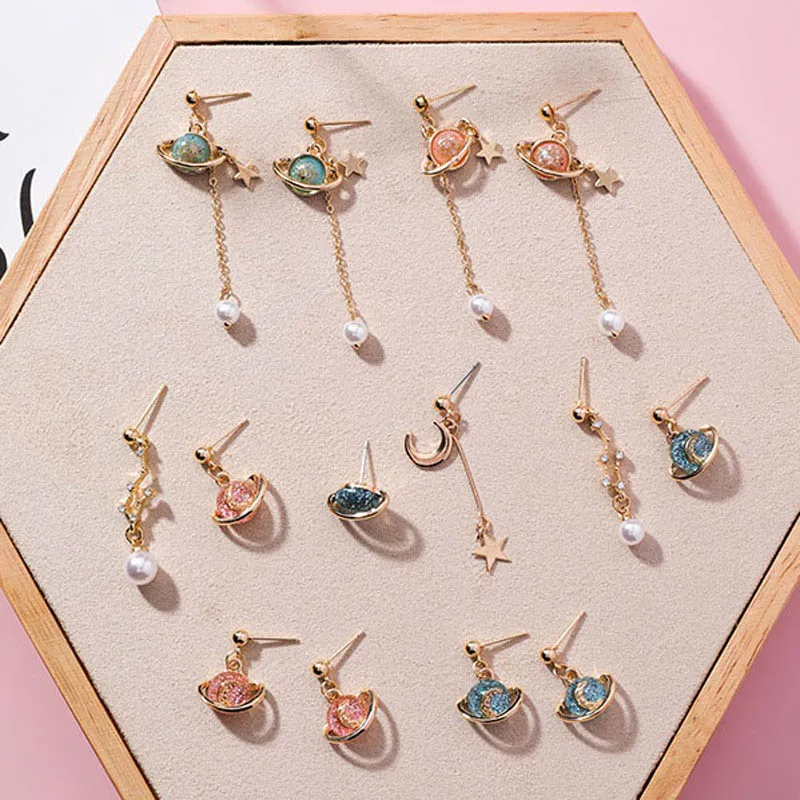 

2018 Creative Cute Moon Stud Earrings Space Universe Star Saturn Long Simulated Pearl Tassel Earring for Women Jewelry Pendiente