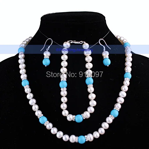 LHX54013&gt 8 мм Бирюзовый и белый жемчуг ожерелье серьги браслет Se|necklace white|necklace