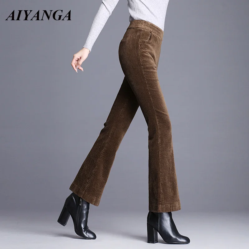 

New Corduroy Pants Flare Pants 2018 Autumn Winter High Waist Elasticity Trousers Elastic Waist Casual Solid Color Black Brown