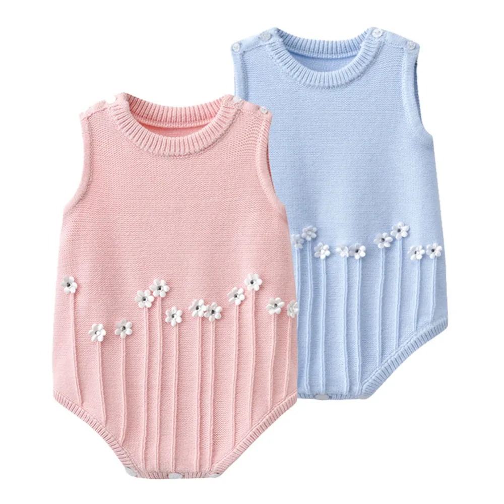 

Baby Girls Princess Knit Sleeveless Floral Knit Bodysuits Pink and Blue Baby Onesie