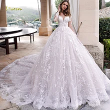Loverxu Совок линия свадебные платья Шикарные аппликации с длинным рукавом Кнопка невесты платья собора Поезд Кружева Свадебные платья размера плюс