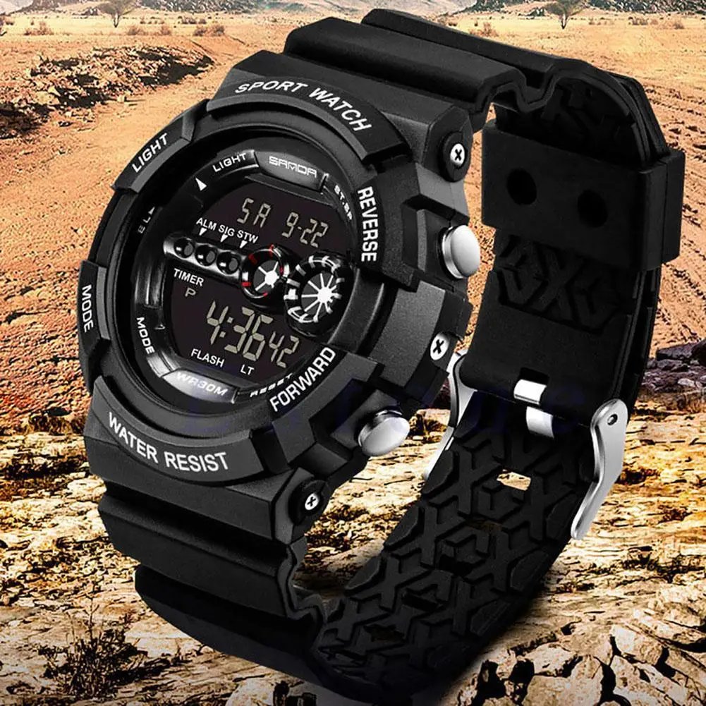 

Stainless Steel LED Digital Date Alarm Waterproof Sport Army Quartz Watch BLA