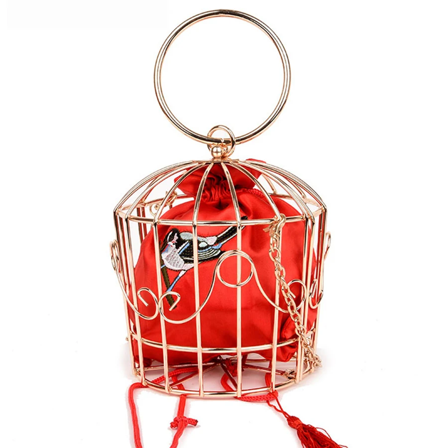 

Hollow Out Birdcage Bag for Women Shoulder Bags Embroidery Bird Women Messenger Bags Evening Bag Ladies Gold Metal Handbag Tote