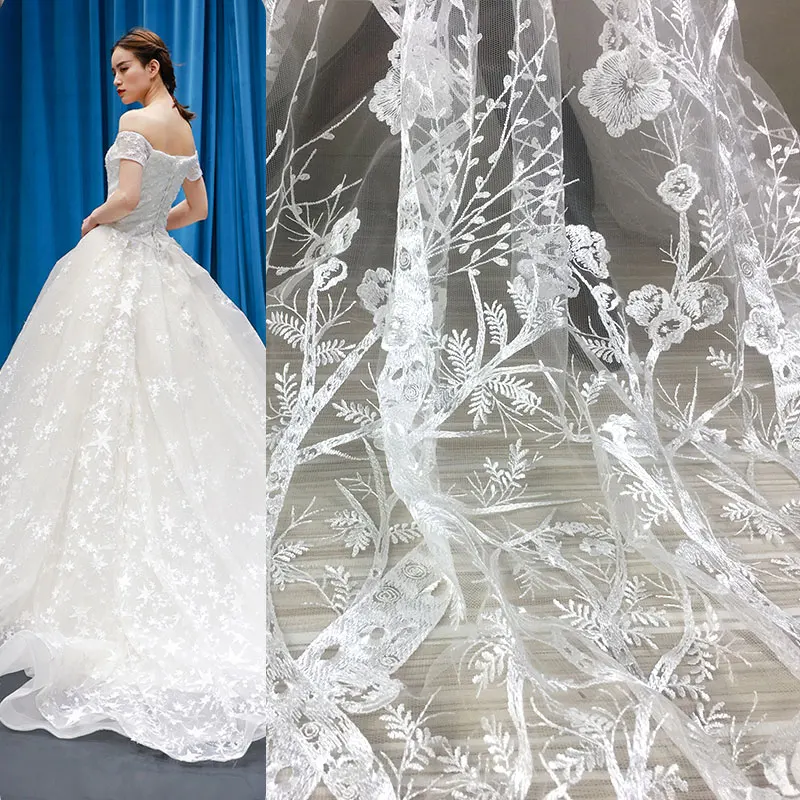 

5yard/lot New Style Mesh Embroidery Plum Blossom Branches Breathable White Lace Fabrics For Clothing Wedding Dress