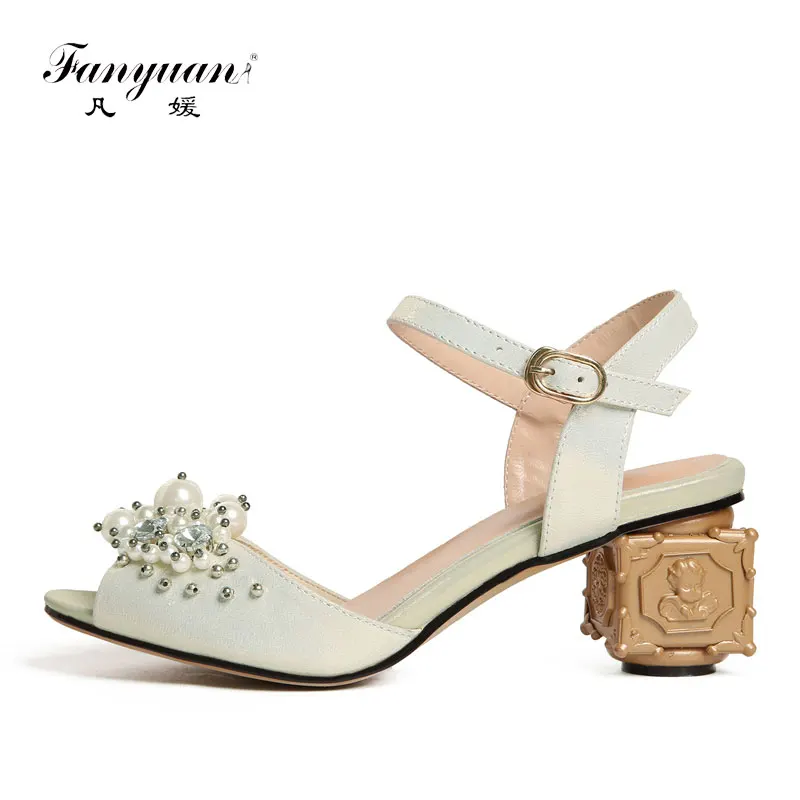 

Fanyuan Metal Heeled Sandals Women Elegant Pearl Ankle Strappy Heels Peep Toe Strange Heel Shoes Summer Footwear Big Size 33-43