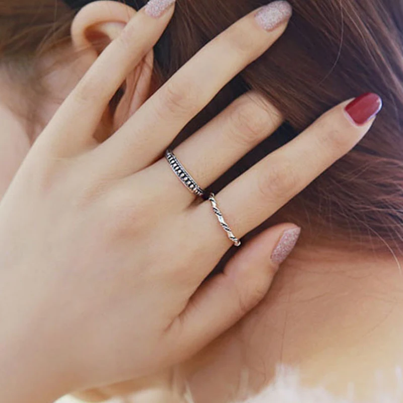 S925 пробы модное серебряное кольцо комплект этнические резные регулируемое Открытое кольцо