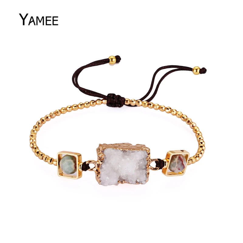 

Adjustable White Druzy Charm Bracelet Rectangle Natural Druzy Crystal Stone Bracelet Handmade Gold Frame Bead Bracelet For Women
