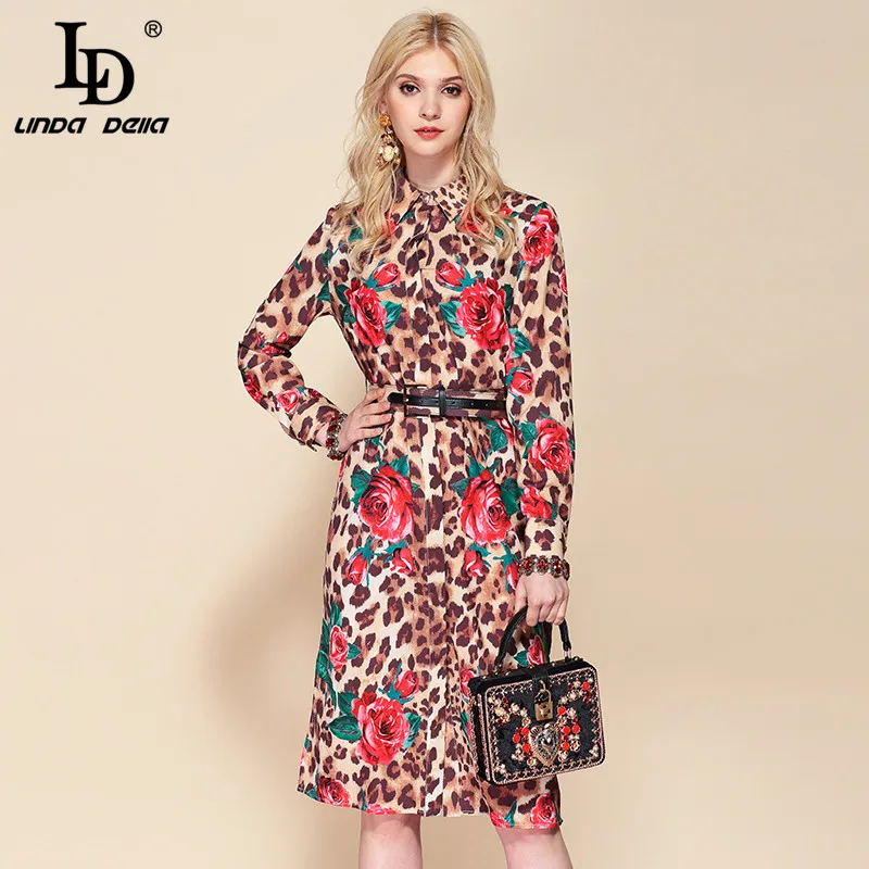 

LD LINDA DELLA Spring Fashion Runway Shirt Dress Women's Long Sleeve Sexy Elegant Rose Floal Leopard Printed Loose Belted Dress