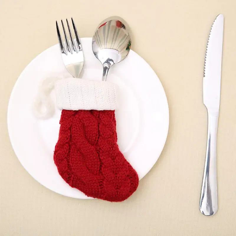 

Classic Red Christmas Stocking Tableware Fork Set Holder Bag Socks Holiday Decor Xmas Weave Knitting Fork Knife Storage Cover