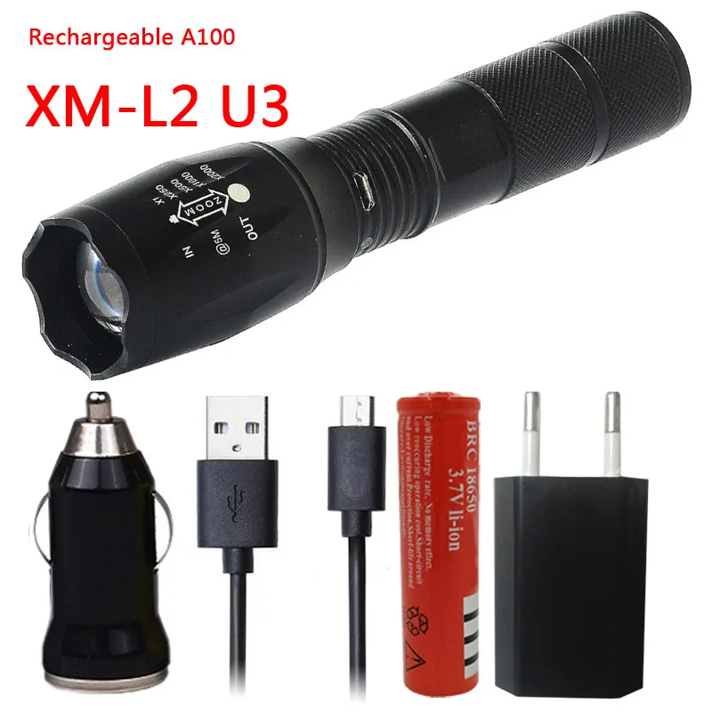 Litwod Z20A100 XM-L2 U3 Micro USB Перезаряжаемый светодиодный фонарь, водонепроницаемый фонарь, 5 режимов, масштабируемый для кемпинга - Испускаемый цвет: Rechargeable C