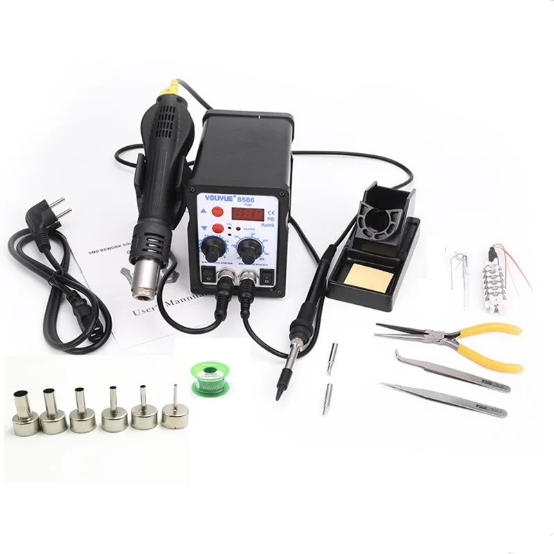 preço 8586 2 Em 1 ESD Hot Air Gun Desoldering De Solda Estação De Solda do Ferro de Solda Para SMD IC + Aquecimento central + fio de estanho + 6 pcs bicos