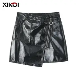 XIKOI из искусственной кожи короткая юбка Для женщин 2018 Bodycon Черный Sexy мини-юбка цепи уличная Высокая Талия Bodycon юбка-карандаш saias