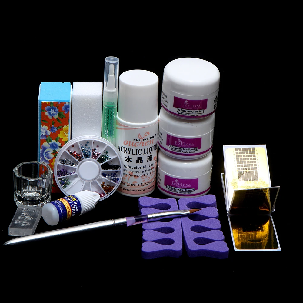 

Set 14pc Acrylic Powder Nail Soften Liquid Nail Art Form Tools Brushes Glitter Gel Varnish Manicure Rhinestone Glue File Kit New